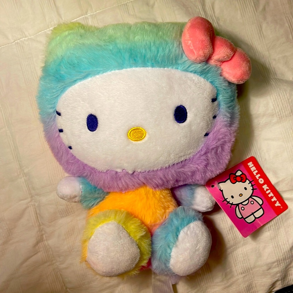 Hello Kitty Fuzzy Bear Costume 9.5” Pastel Rainbow with Bow, New with tag